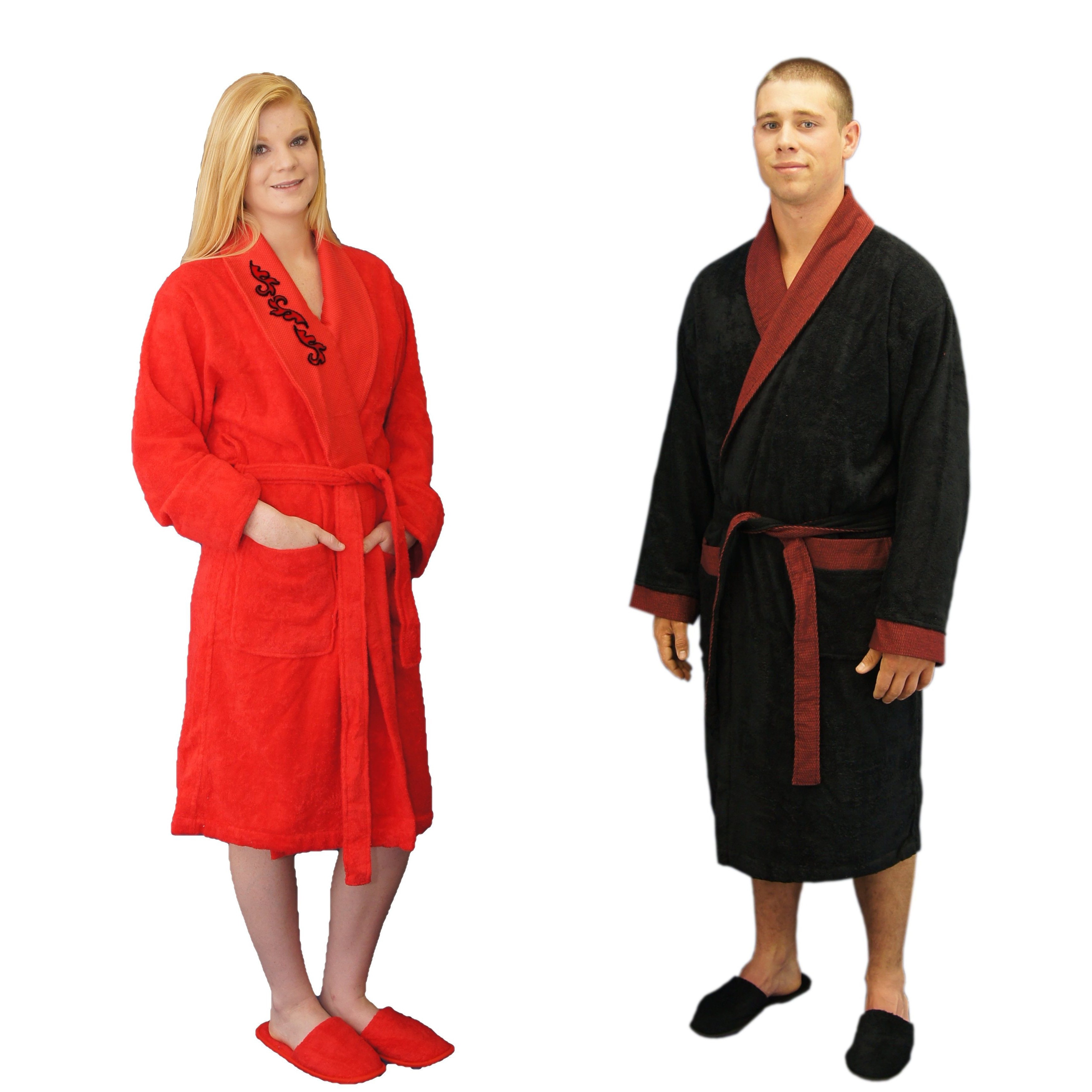 Brielle Home Turkish Cotton Blend 8 piece His and Hers Red/black Bath Robe Gift Set (Red, black Pattern Solid with applique stitch designBelt Double belt loop Pockets Two pocketsSleeves CuffedClick here to view our womens sizing guideClick here to vie