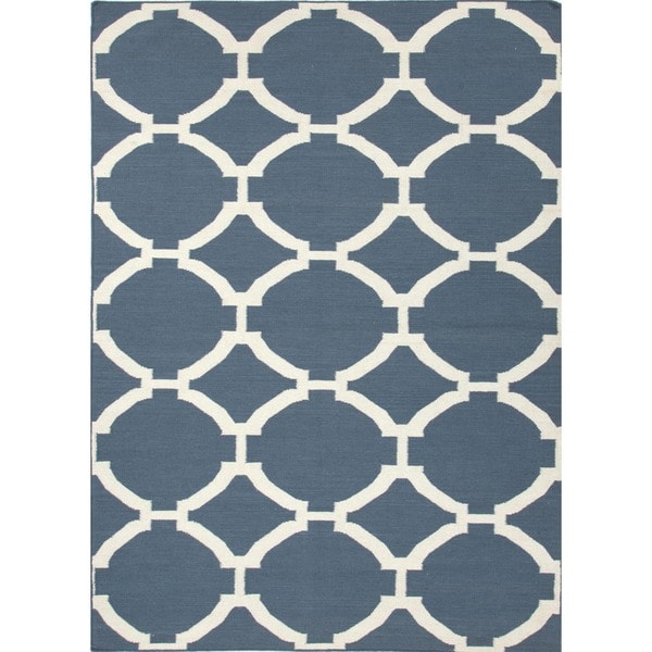 Flat Weave Geometric Blue 100 percent Wool Rug (9' x 12') JRCPL 7x9   10x14 Rugs