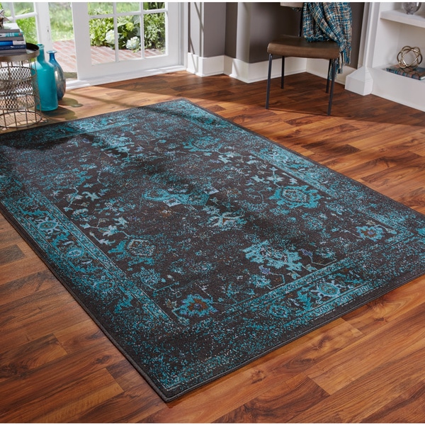 Distressed Traditional Overdyed Black/ Teal Area Rug (Multiple Size ...