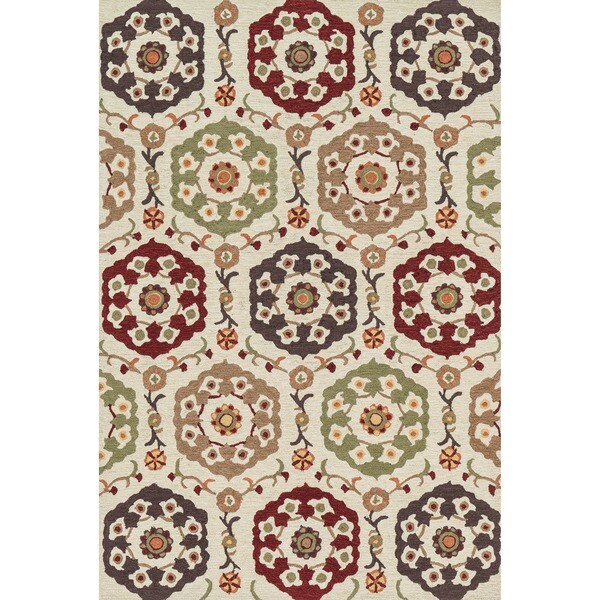 Hand-hooked Beige/ Multi Floral Medallion Area Rug - 5' x 7'6