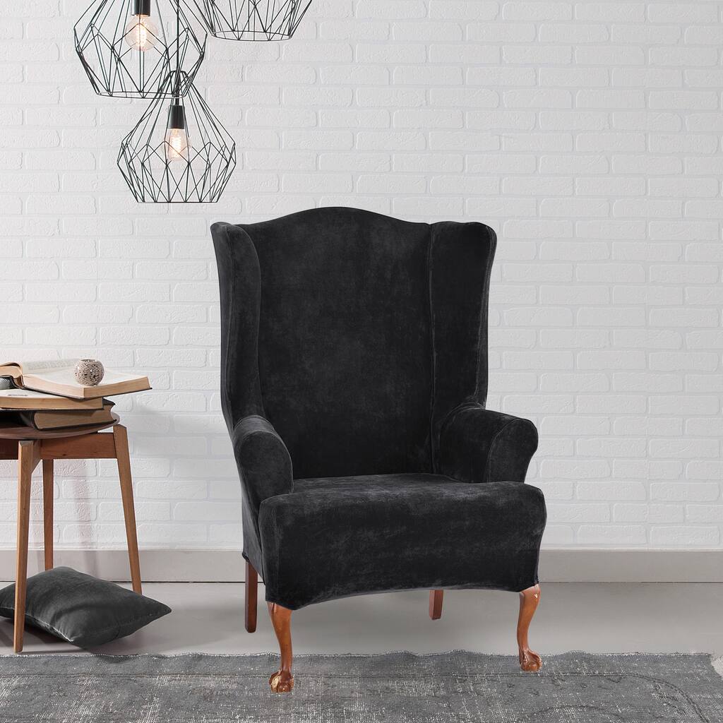 Sure Fit Stretch Plush Black Wing Chair Slipcover