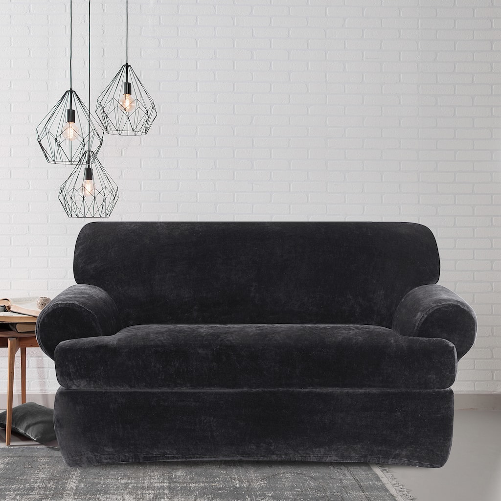 Sure Fit Stretch Plush Black T-cushion Loveseat Slipcover
