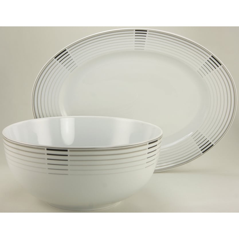 Create A Table European Two Piece Fine Cosmopolitan Decor Porcelain Completer/serving Set (White, black Fine European 2 piece completer/serving set. Made by create a table exclusively for French home. Set includes 13 inch oval serving platter, 9 inch dia