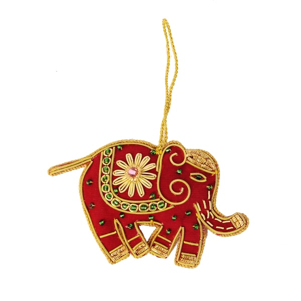 Handcrafted Beaded Red Elephant Ornament (India) Seasonal Decor