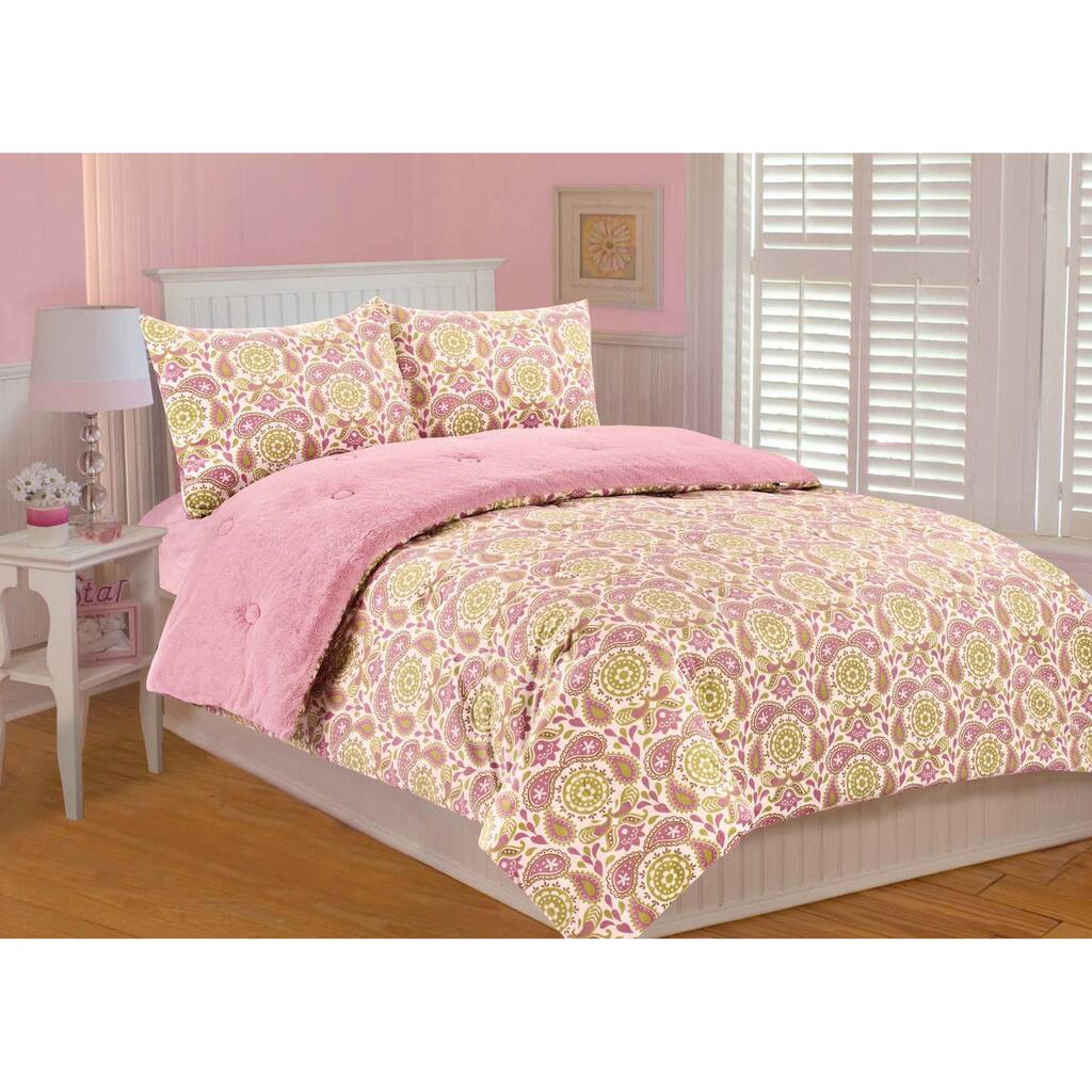 Paisley Reversible 3-piece Comforter Set - Green/Pink/Purple