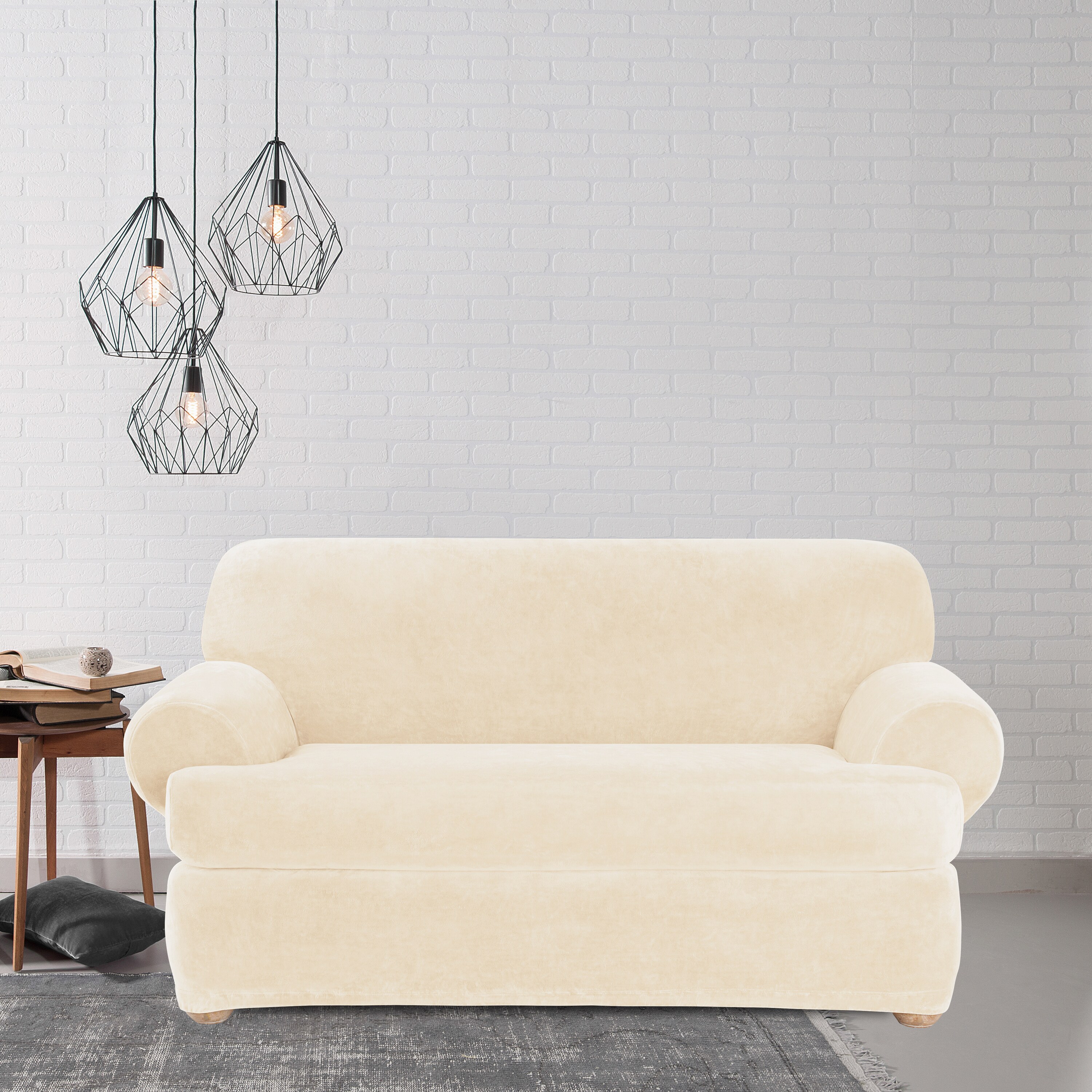 Sure Fit Stretch Plush Cream T Cushion Loveseat Slipcover Sure Fit Stretch Plush Cream T Cushion Loveseat Slipcover