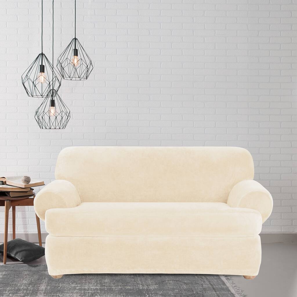 Sure Fit Stretch Plush Cream T-cushion Loveseat Slipcover