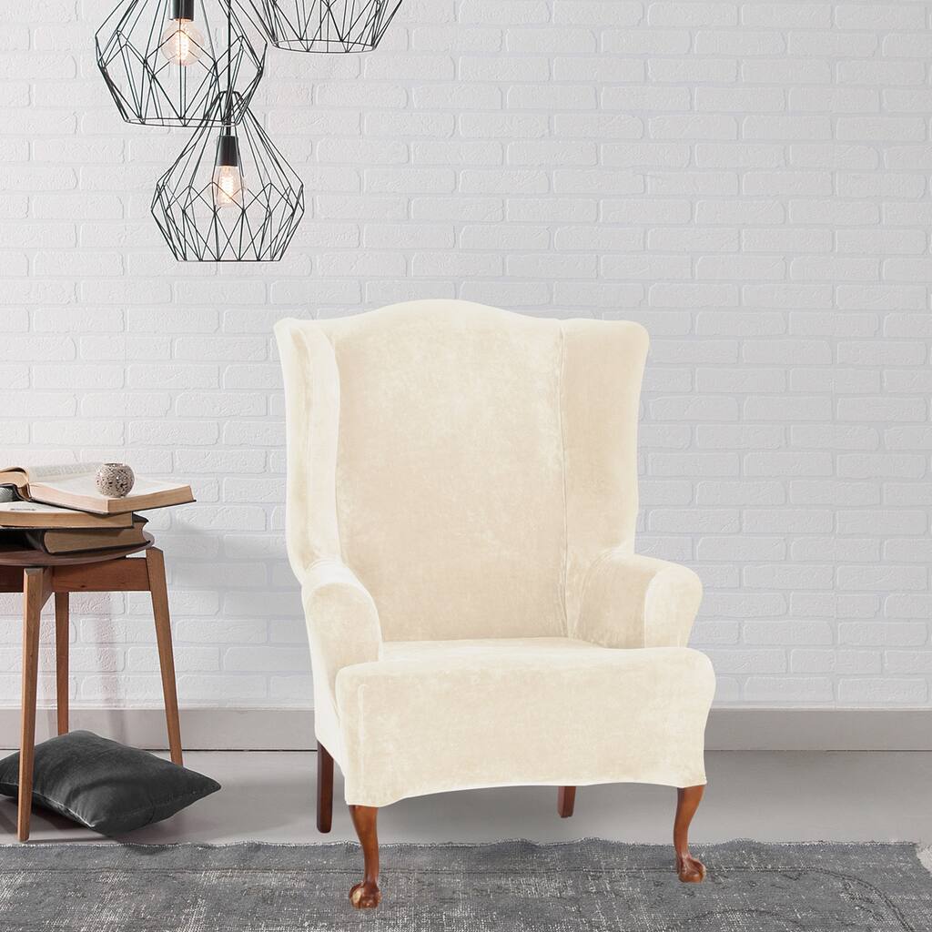 Sure Fit Stretch Plush Cream Wing Chair Slipcover
