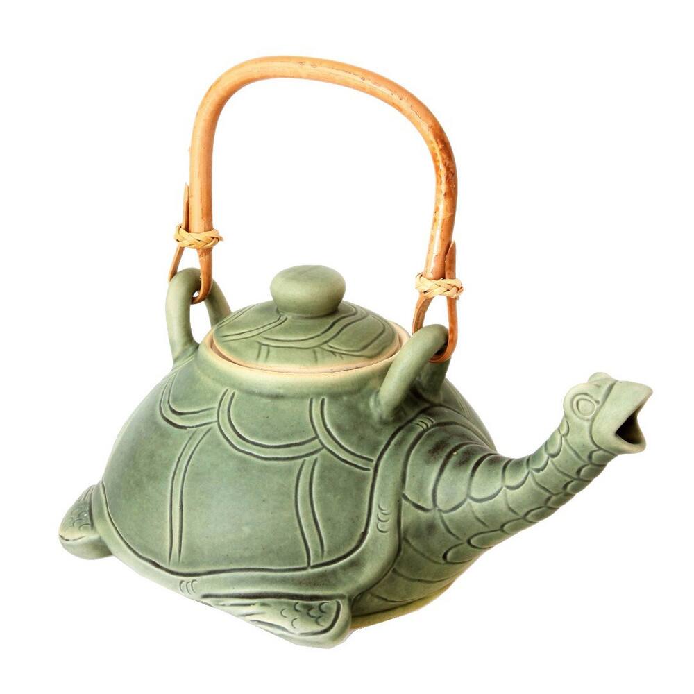 Handmade Ceramic 'Lingering Turtle' Teapot (Indonesia) - 4.7" H x 7.75" W x 7" D