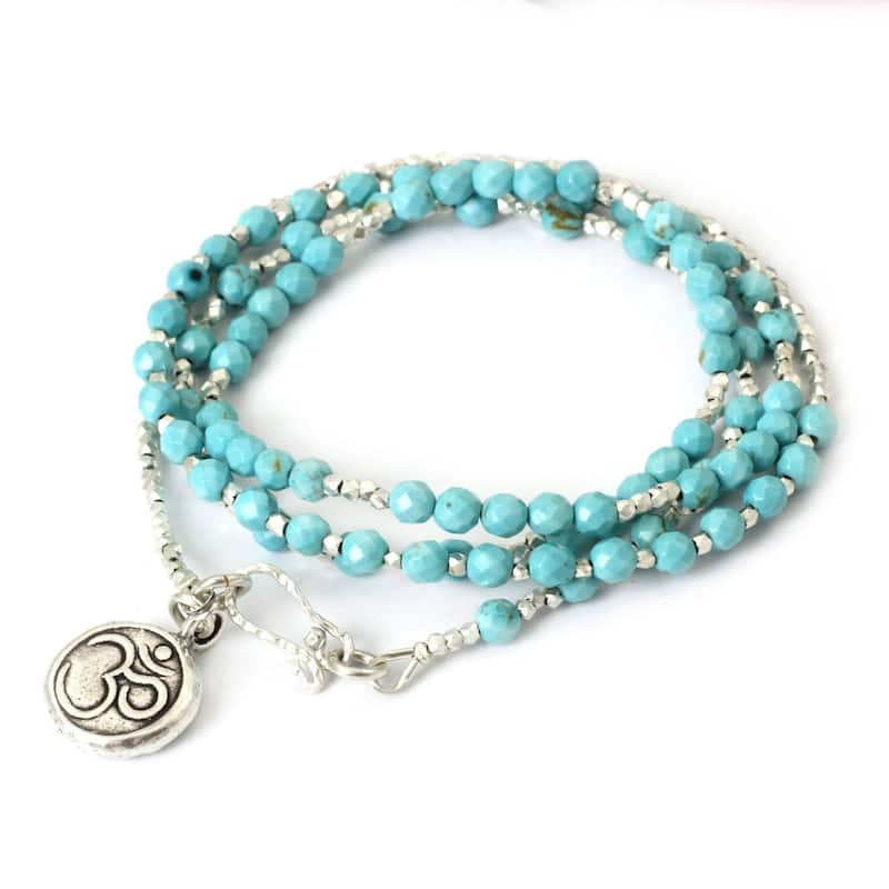 Handmade Sterling Silver Turquoise Universal Harmony Multi Stone Ohm Pendant Bracelet (Thailand) - Blue