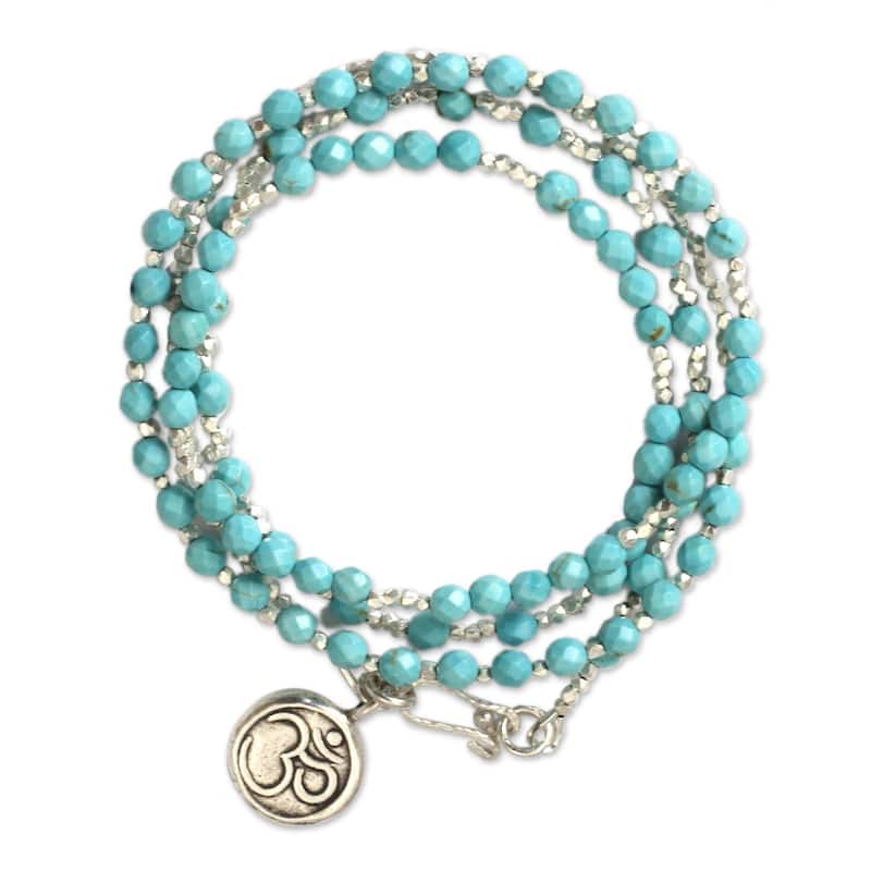 Handmade Sterling Silver Turquoise Universal Harmony Multi Stone Ohm Pendant Bracelet (Thailand) - Blue