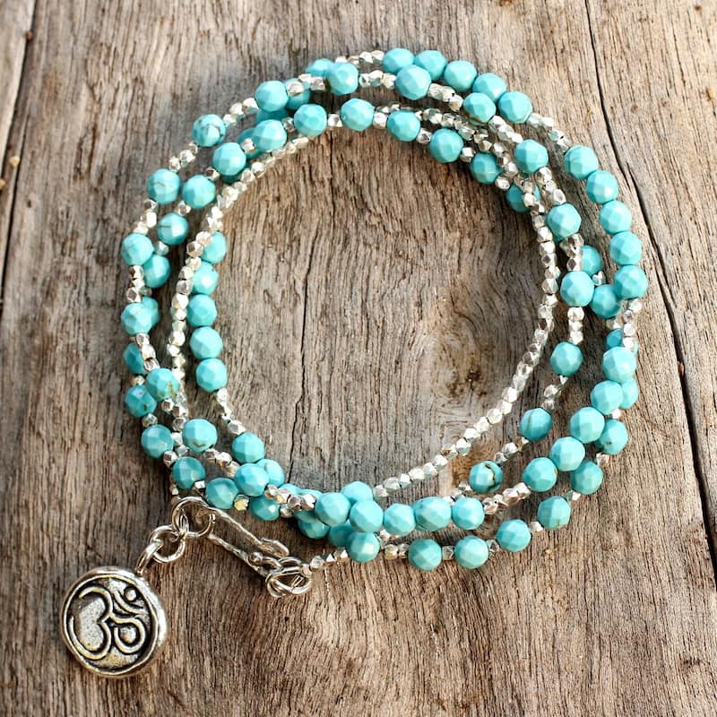 Handmade Sterling Silver Turquoise Universal Harmony Multi Stone Ohm Pendant Bracelet (Thailand) - Blue