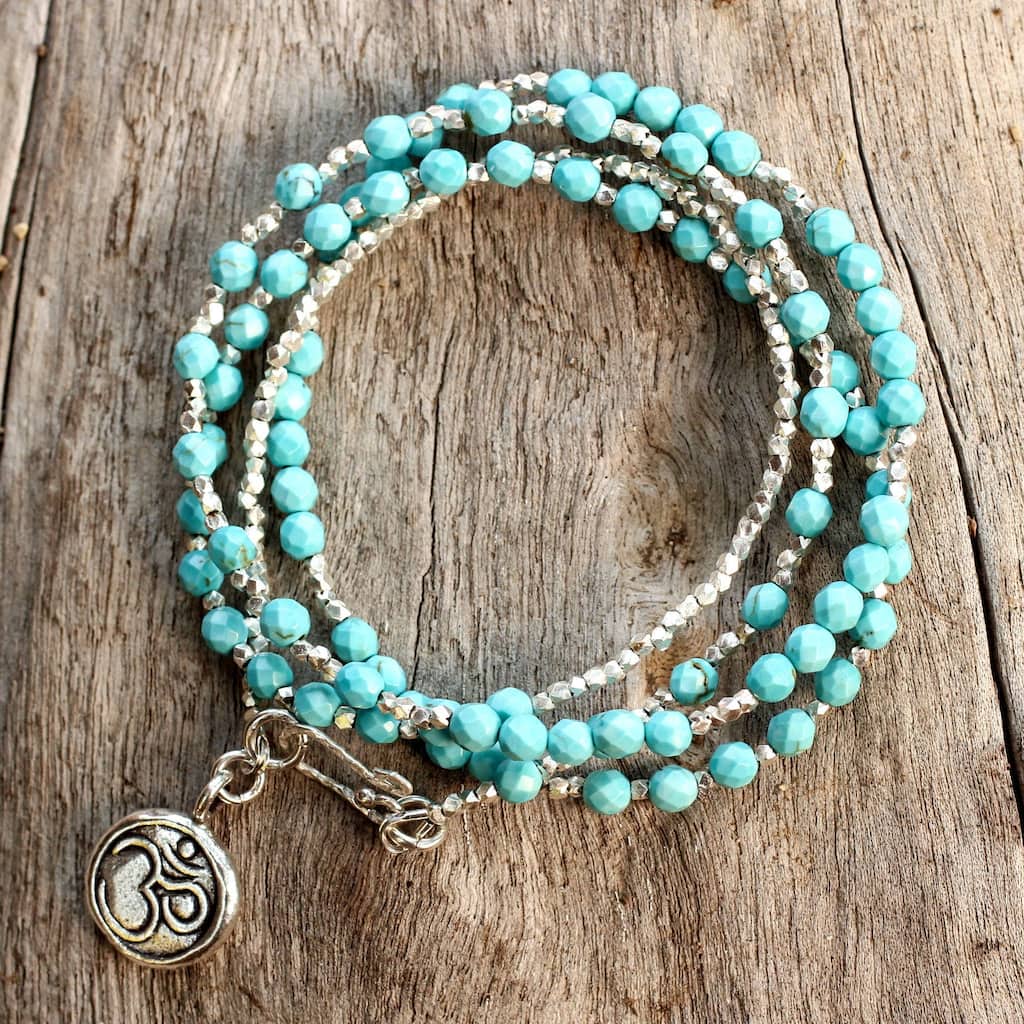 Handmade Sterling Silver Turquoise Universal Harmony Multi Stone Ohm Pendant Bracelet (Thailand) - Blue