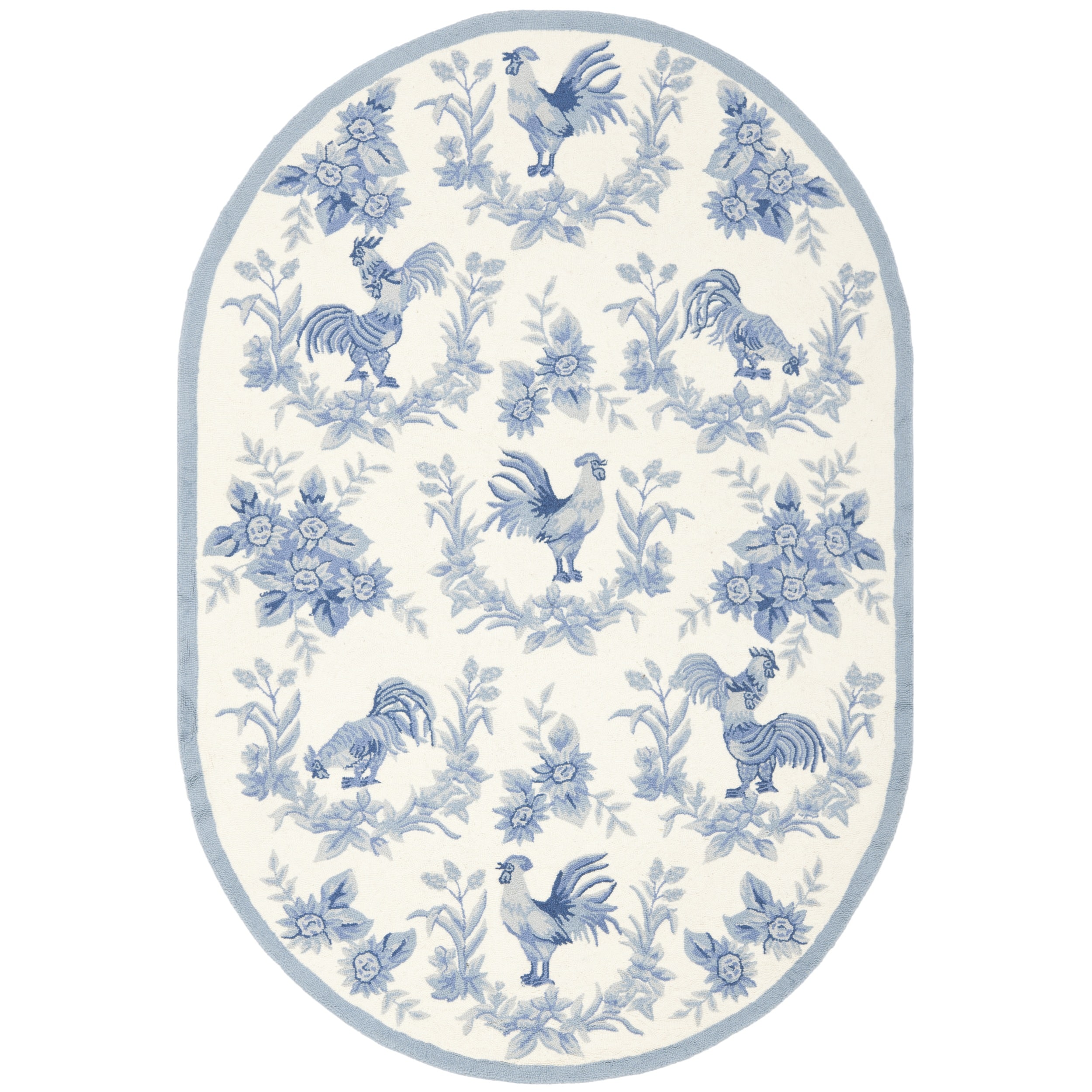 Hand hooked Hens Beige/ Blue Wool Rug (46 X 66 Oval)