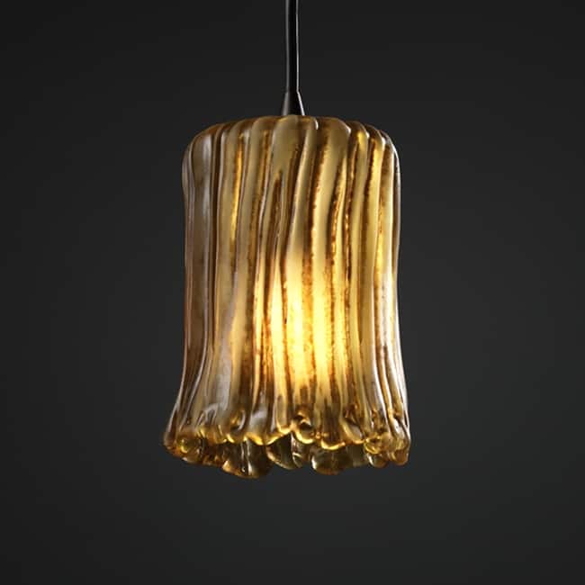 Justice Design 1-light Dark Bronze Glass Pendant, Amber Cylinder w/ Rippled Rim Shade
