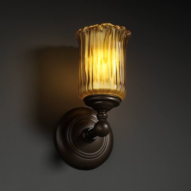 Justice Design Veneto Luce Tradition 1-light Dark Bronze Wall Sconce, Amber Cylinder - Rippled Rim Shade - Venetian Glass