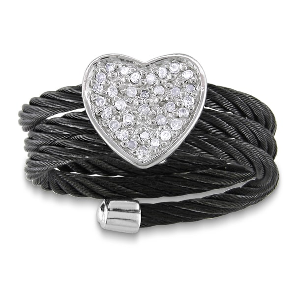 Miadora Sterling Silver Diamond Black Cable Heart Ring