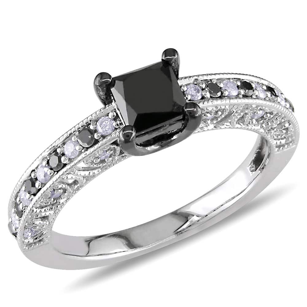 Miadora Sterling Silver 1ct TDW Black Princess-cut and White Diamond Ring