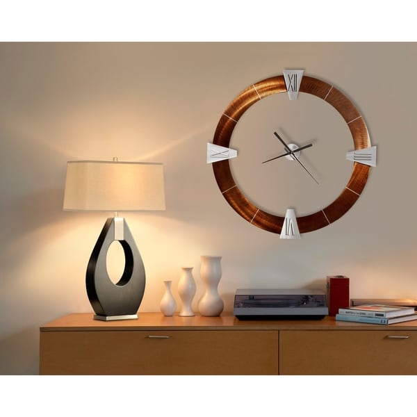 30 in. H x 17 in. W Modern Wood Table Lamp with Tan Linen Shade