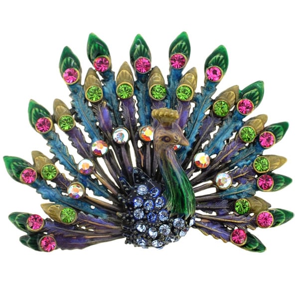 Goldtone Multi colored Crystal Peacock Brooch Brooches & Pins