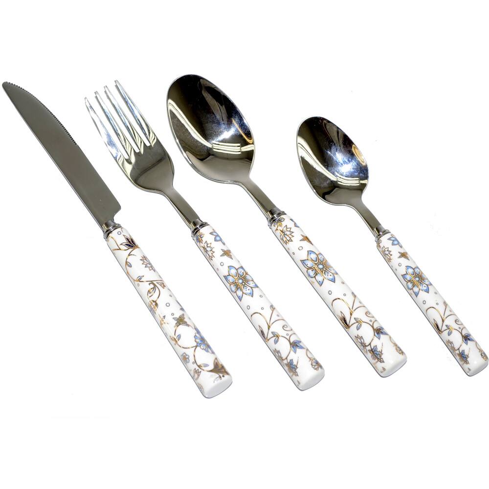 Fabulous Threestar Blue and Gold Floral 24-piece Flatware Set