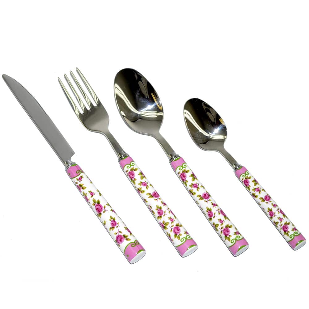 Fabulous Threestar Pink Floral 24-piece Stainless Steel Flatware Set