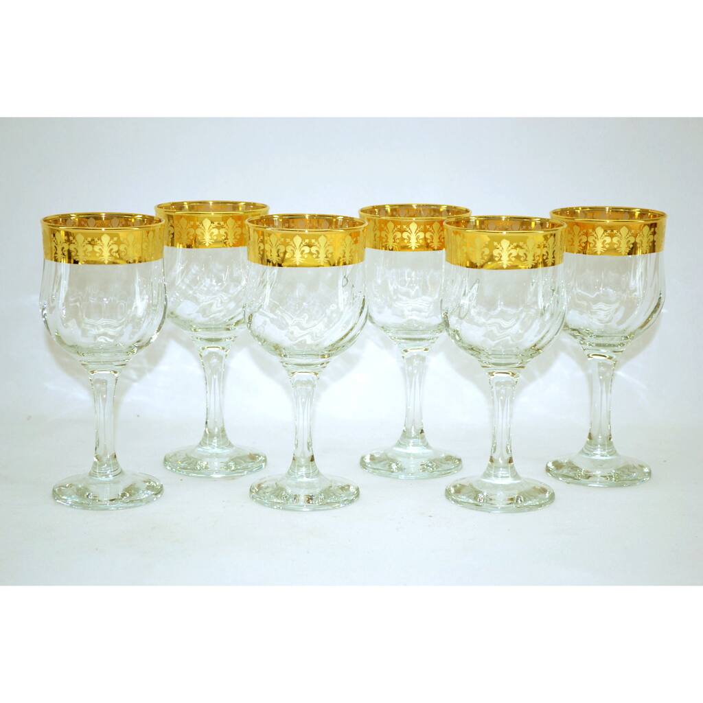 Unique 14k Gold Rim Fleur-de-lis Pattern Italian Wine Glasses (Set of 6)