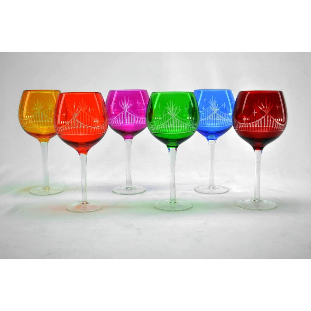 Three Star Clear Etching Crystal Multicolor Wine Glasses (Set of 6)