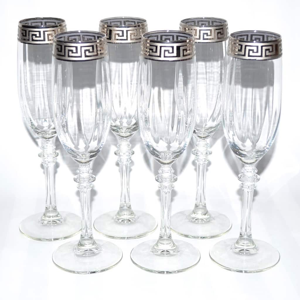 Italian Silver-accented Greek Key Versace Style Champagne Flutes (Set of 6)