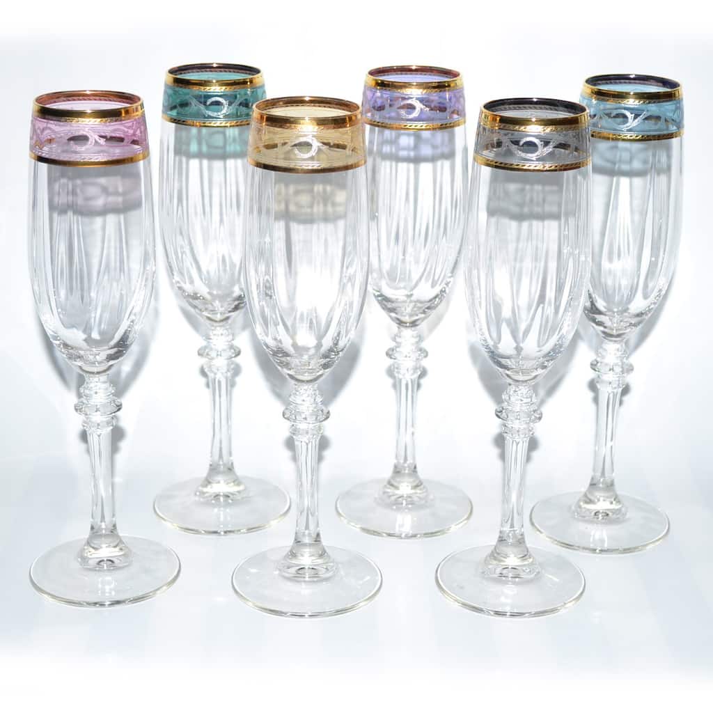 Italian Hand-painted 14-karat Gold Rim/ Multicolor Wine Glasses (Set of 6)