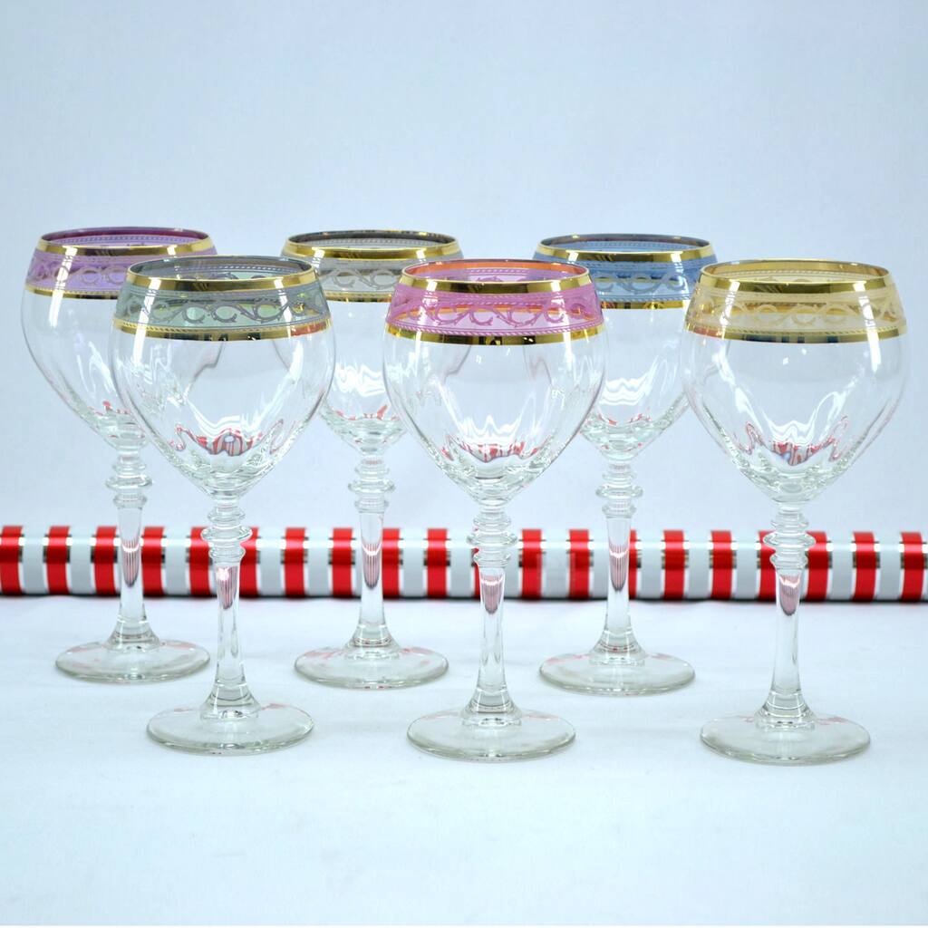 Italian Hand-painted Wine Glass with 14K Gold Rim and Multicolor Pattern (Set of 6)