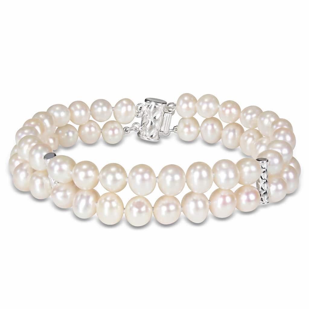 Miadora Sterling Silver Cultured Freshwater Pearl Two-strand Bracelet (6.5-7 mm)