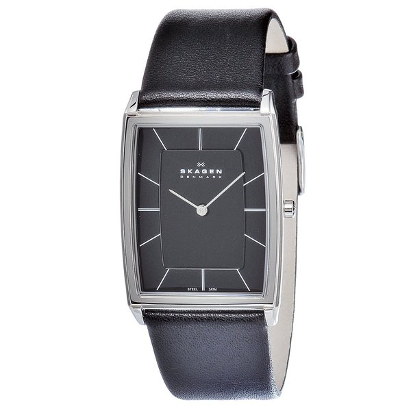 Shop Skagen Men's 857LSLB Rectangular Black Leather Watch Free