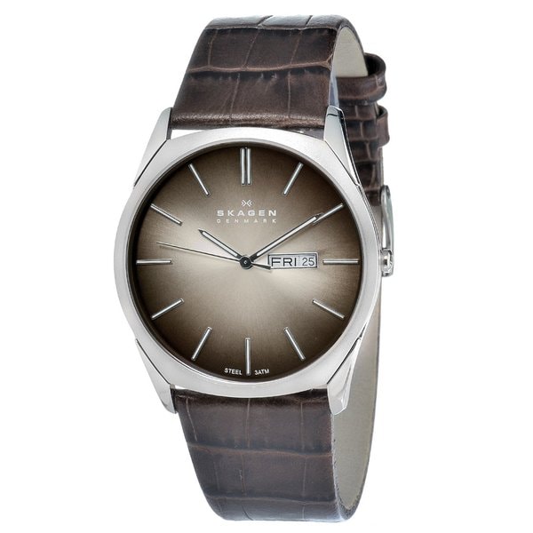 Skagen Mens Stainless Steel Brown Leather Strap Date Watch