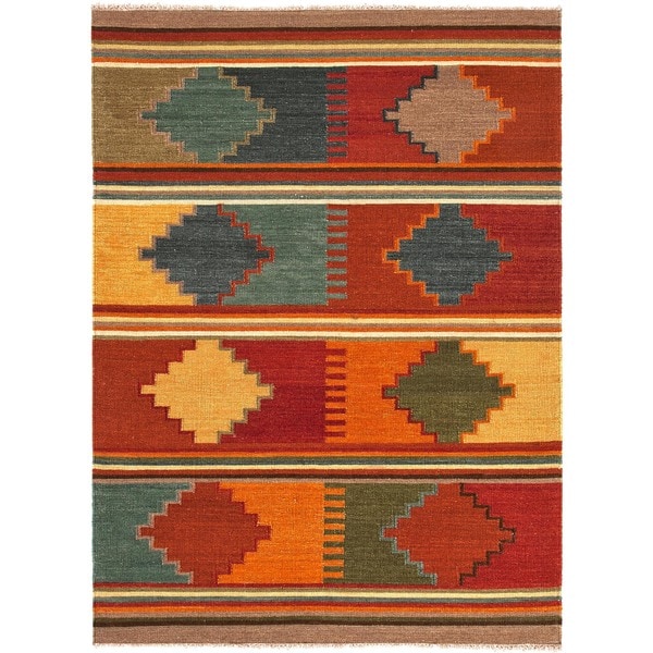Handmade Flat Weave Tribal Red Oxide Multicolor Wool Rug (5' x 8')