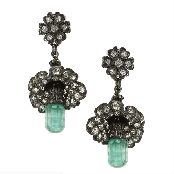 14k Gold Emerald and 3ct TDW Diamond Flower Art Deco Estate Earrings (I J, SI1 SI2) Estate and Vintage Earrings