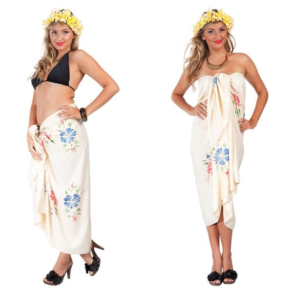 Cream Hand Embroidered, Hand Painted Sarong 1 World Sarongs Sarongs/Cover Ups