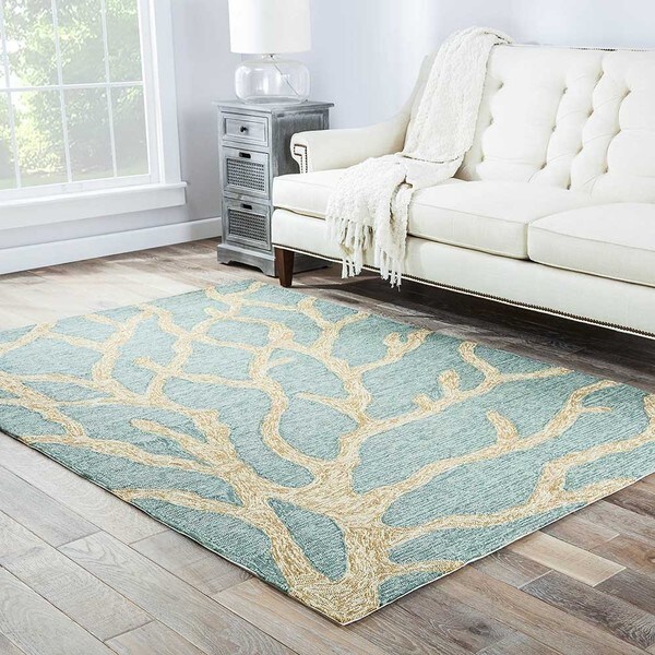 Coronado Indoor/ Outdoor Abstract Teal/ Tan Area Rug (2'6" X 8') Free