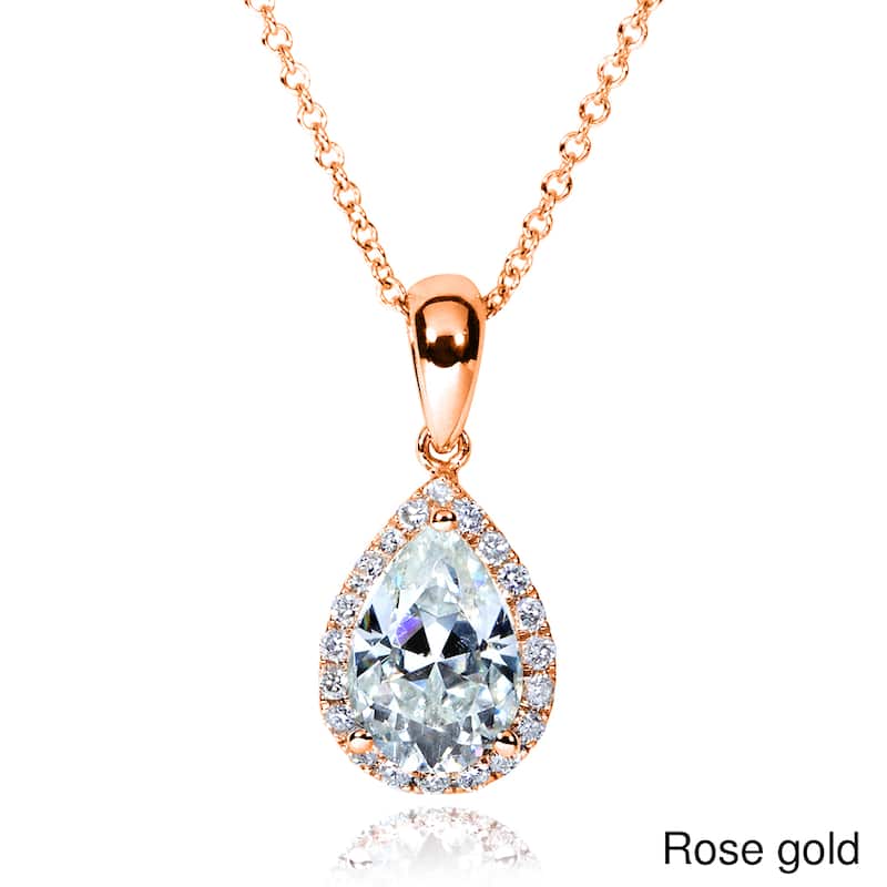 Annello by Kobelli 14k Gold 1 3/5ct TGW Pear Moissanite (GH) and Diamond Halo Necklace (GH/VS, GH/I) - Rose