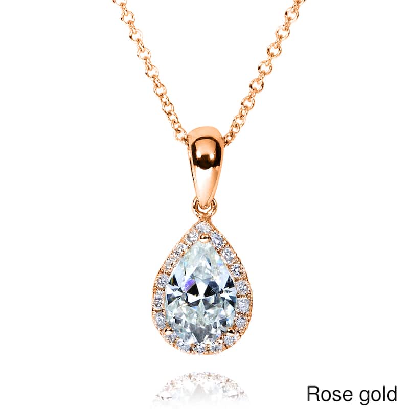 Annello by Kobelli 14k Gold 1ct TGW Pear-cut Moissanite and Diamond Halo Necklace - Rose