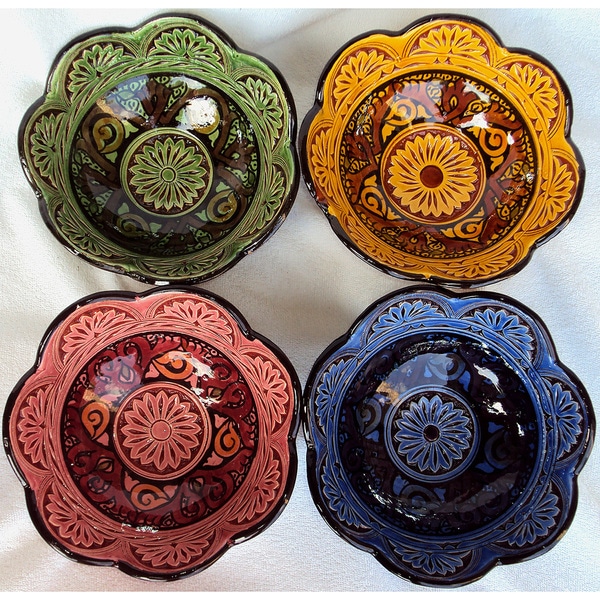 Set of 4 Engraved Ceramic Bowls , Handmade in Morocco