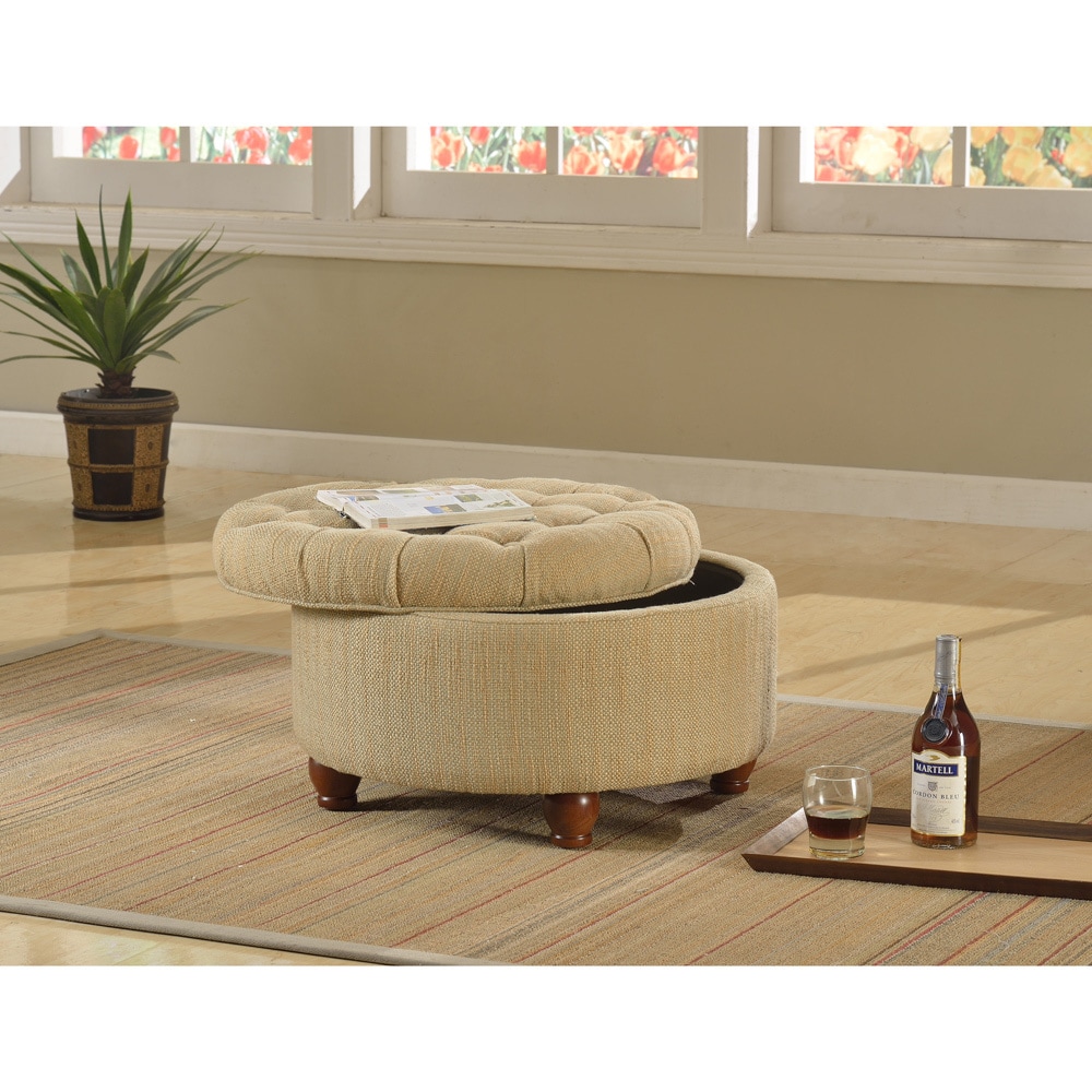 Tan And Cream Tweed Tufted Storage Ottoman