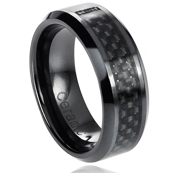 Vance Co. Ceramic Beveled Edge Black Carbon Fiber Inlay Band (8 mm