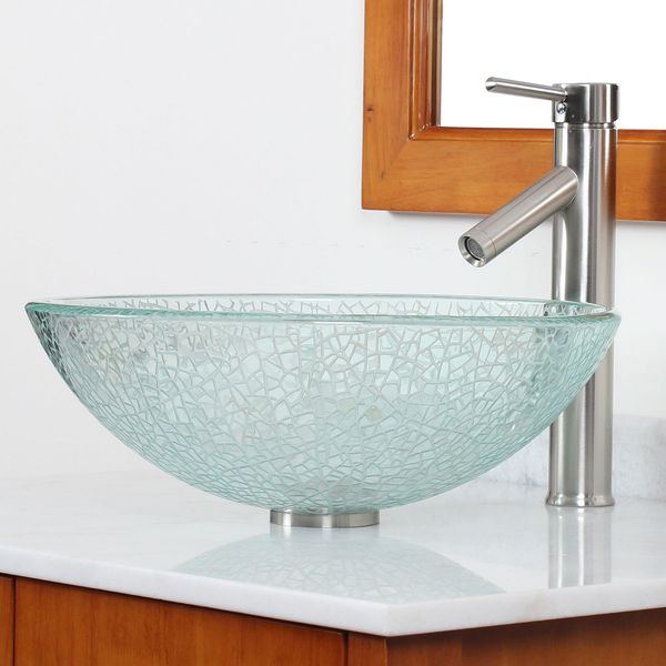Shop CAE Etched Clear Cracking Glass Vessel Bathroom Sink and Faucet ...