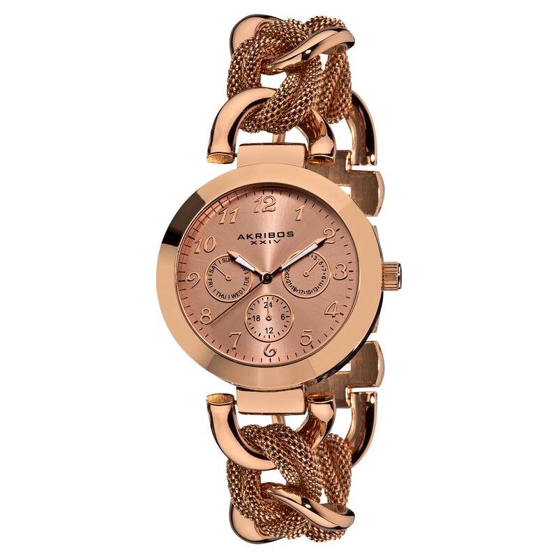 Akribos XXIV Women's Multifunction Mesh Link Rose-Tone Bracelet Watc - Gold