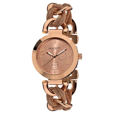 Akribos XXIV Women's Multifunction Mesh Link Rose-Tone Bracelet Watc - Gold