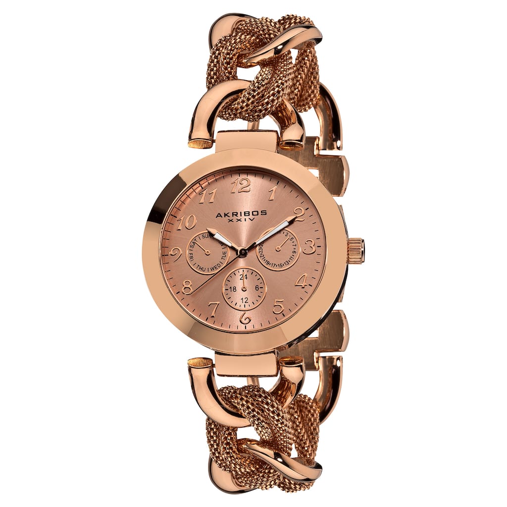 Akribos XXIV Women's Multifunction Mesh Link Rose-Tone Bracelet Watc - Gold