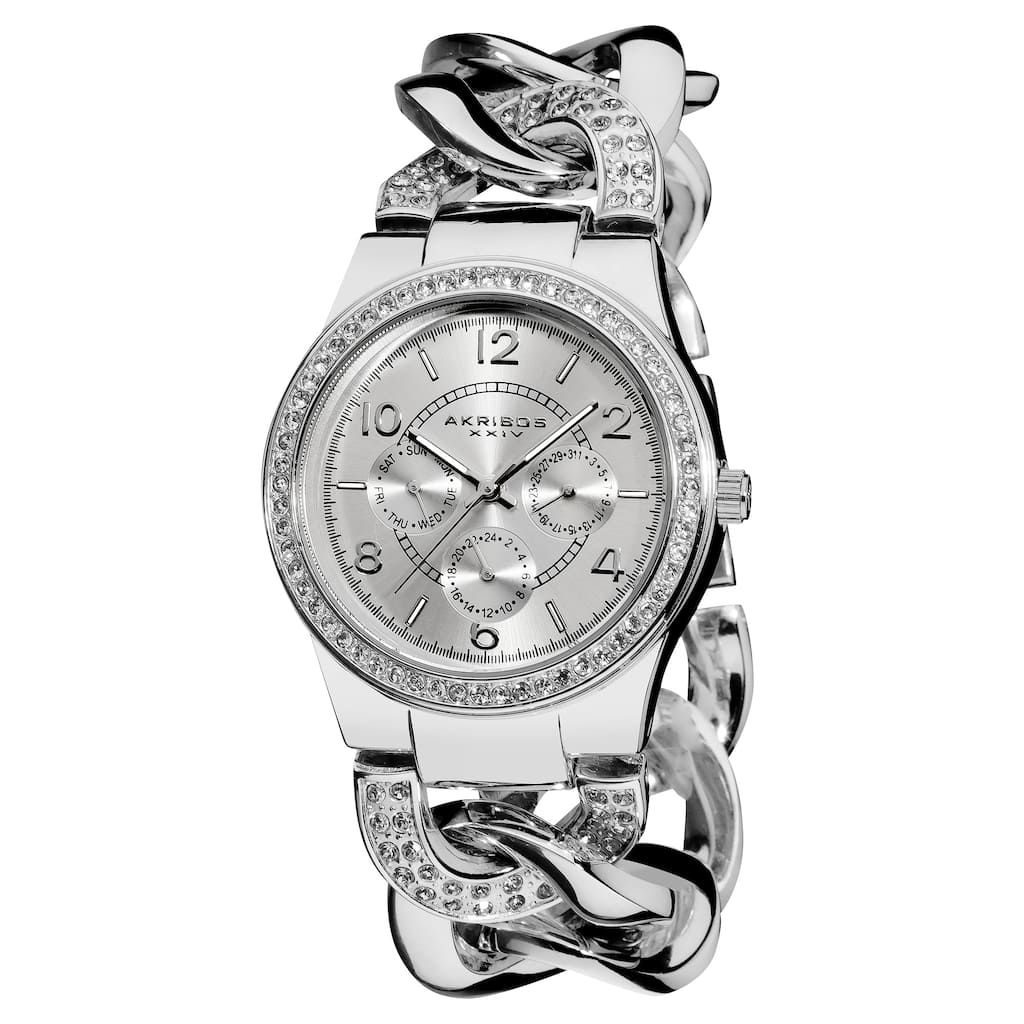 Women's Quartz Multifunction Crystal-Accented Silver Twist Chain Watch
