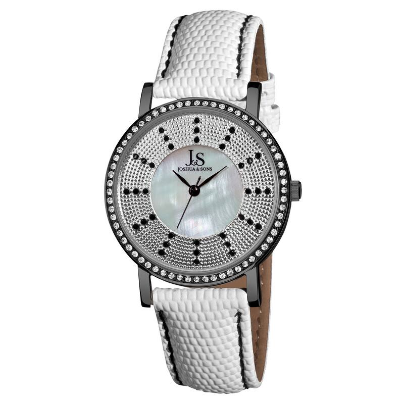 Joshua & Sons Women's Swiss Quartz Stainless Steel Leather-Black Strap Crystal Watch - White