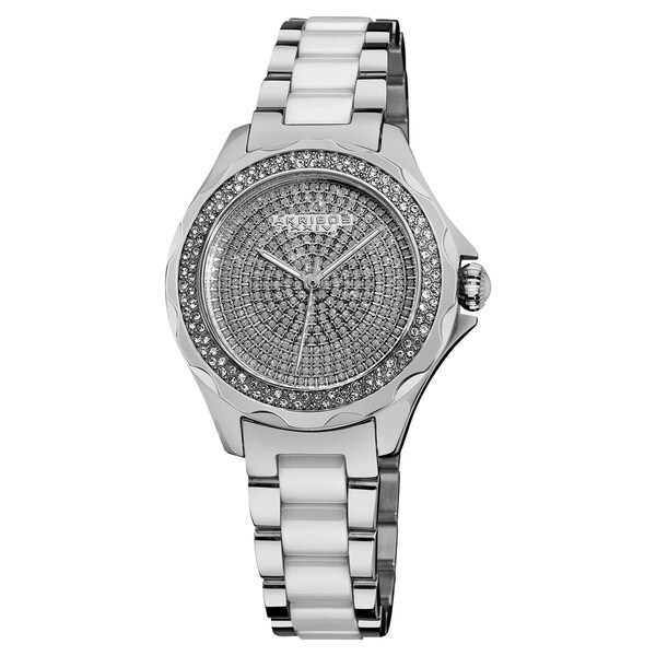 Akribos XXIV Women's Swiss Quartz Diamond Ceramic Link Silver-Tone Bracelet Watch - silver